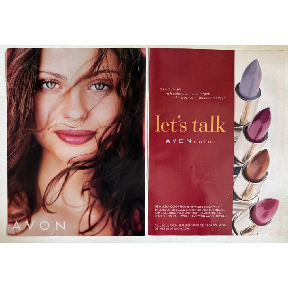 Vintage Y2K Avon Makeup Lipstick Brunette Girl 2 Page Advertisement Print Ad